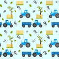 cute pattern of a tractor, tractor with cart, fence, and tree