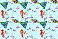 Cute pattern wallpaper, seamless cartoon style, light blue cream background, colorful guppy pattern, can be connected infinitely,
