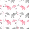 Cute pattern with watercolor elephants and umbrellas.