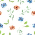 Cute pattern with watercolor red and blue flowers