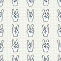 Cute peace and rock on hand symbol seamless vector pattern. Hand drawn expression gesture for simple stylized sign. Hand