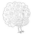 Cute peacock. Doodle style, black and white background. Funny bird, coloring book pages. Hand drawn illustration in zentangle Royalty Free Stock Photo