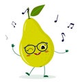 Cute pear green cartoon character in glasses dances to music.
