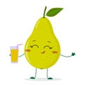 Cute pear green cartoon character holding a glass with juice.