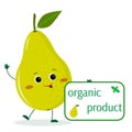 A cute pear green cartoon character holds a plate of organic foods.