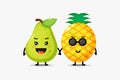 Cute pear and pineapple mascots holding hands