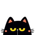Cute peeking cat kitten. Big yellow eyes. Sad angry face head. Black silhouette icon. Cartoon funny baby character. Pink ears,