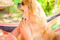 Nice pekingese dor rest at nature, pet lifestyle Royalty Free Stock Photo