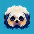 Cute Pekingese head on a blue background. The head of a small Pekingese dog. AI-generated