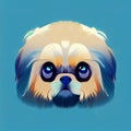 Cute Pekingese portrait on a blue background. The head of a small dog. AI-generated