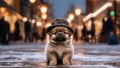 A cute Pekingese puppy dog wearing a hat on blurred a snowy street background. Generative AI.