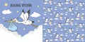 Cute pelicans fly carry bag in the sky with seamless background Illustration