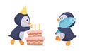 Cute Penguin Arctic Animal Carrying Fish and Putting Candles on Cake Vector Set Royalty Free Stock Photo