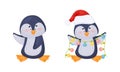 Cute Penguin Arctic Animal Waving Wing and Holding Garland Vector Set Royalty Free Stock Photo