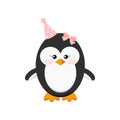 Cute penguin baby girl in happy birthday party cap isolated on white background. Royalty Free Stock Photo