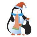 Cute penguin with baby penguin in scarf and hat isolated on white background, flat vector stock illustration with penguin Royalty Free Stock Photo