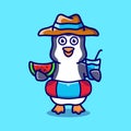 cute penguin in beach hat with Swim rings carrying watermelon and drink