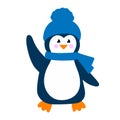 Cute penguin in blue hat and scarf smiles and waves his hand. Colorful vector illustration in flat style. Royalty Free Stock Photo