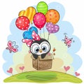 Cute Penguin in the box is flying on balloons