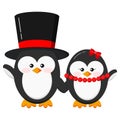 Cute penguin boy and girl elegant clothes couple set isolated on white background . Royalty Free Stock Photo