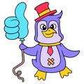 Cute penguin carrying a thumb up balloon to promote social media content. doodle icon image kawaii