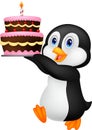 Cute penguin cartoon holding birthday cake Royalty Free Stock Photo