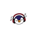 Cute penguin cartoon with red headphones, baby penguin listening music icon