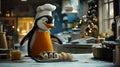 Cute penguin chef prepares sushi in a festive kitchen Royalty Free Stock Photo