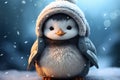 Cute penguin chick bundled in a snow coat stands confidently