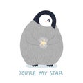 Cute penguin chick hold a star and You`re My Star text quote isolated on white. Royalty Free Stock Photo