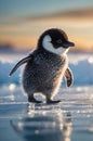 Fluffy Emperor Penguin Chick Wandering on a Glacial Ice Sheet at Sunset Royalty Free Stock Photo