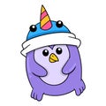 Cute penguin child wearing a beanie hat, doodle icon image kawaii