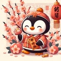 A cute penguin in chinese new year costums, with peach blossoms flower, peach fruits, red lampion, cartoon, fantasy, vector art Royalty Free Stock Photo
