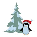 Cute penguin with christmas hat and pine tree Royalty Free Stock Photo