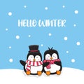 Cute penguin couple greeting hello winter cartoon doodle card background illustration Royalty Free Stock Photo