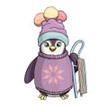 Cute penguin drawing with sleigh.Penguin character for kids.