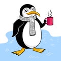 Cute penguin drinks a cup of hot beverage