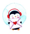 Cute Penguin with envelope. Watercolor illustration isolated