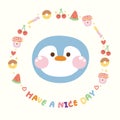 Cute penguin face in bakery and fruits icon frame.Bird animal character design cartoon