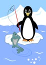 Cute penguin fishing on ice floe, penguin cartoon with green fish on hook