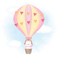 Cute penguin floating on hot air balloon hand drawn cartoon illustration watercolor