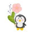 Cute penguin with flowers. Vector illustration on white background.