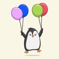 Cute penguin flying with balloons