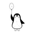 Cute penguin flying with bubble in hand drawn doodle style. Vector illustration isolated on white. Coloring page. Royalty Free Stock Photo