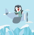 Cute penguin flying plane on sky