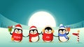 Cute penguin friends celebrate winter holidays - winter landscape background