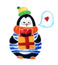 Cute penguin with gift dreams about love. Cartoon babies and little kids. Watercolor illustration on white background