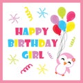 Cute penguin girl with birthday balloons vector cartoon, Birthday postcard, wallpaper, and greeting card Royalty Free Stock Photo