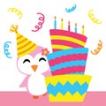 Cute penguin girl with birthday cake cartoon, Birthday postcard, wallpaper, and greeting card Royalty Free Stock Photo