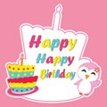 Cute penguin girl is happy on birthday cake frame vector cartoon, Birthday postcard, wallpaper, and greeting card